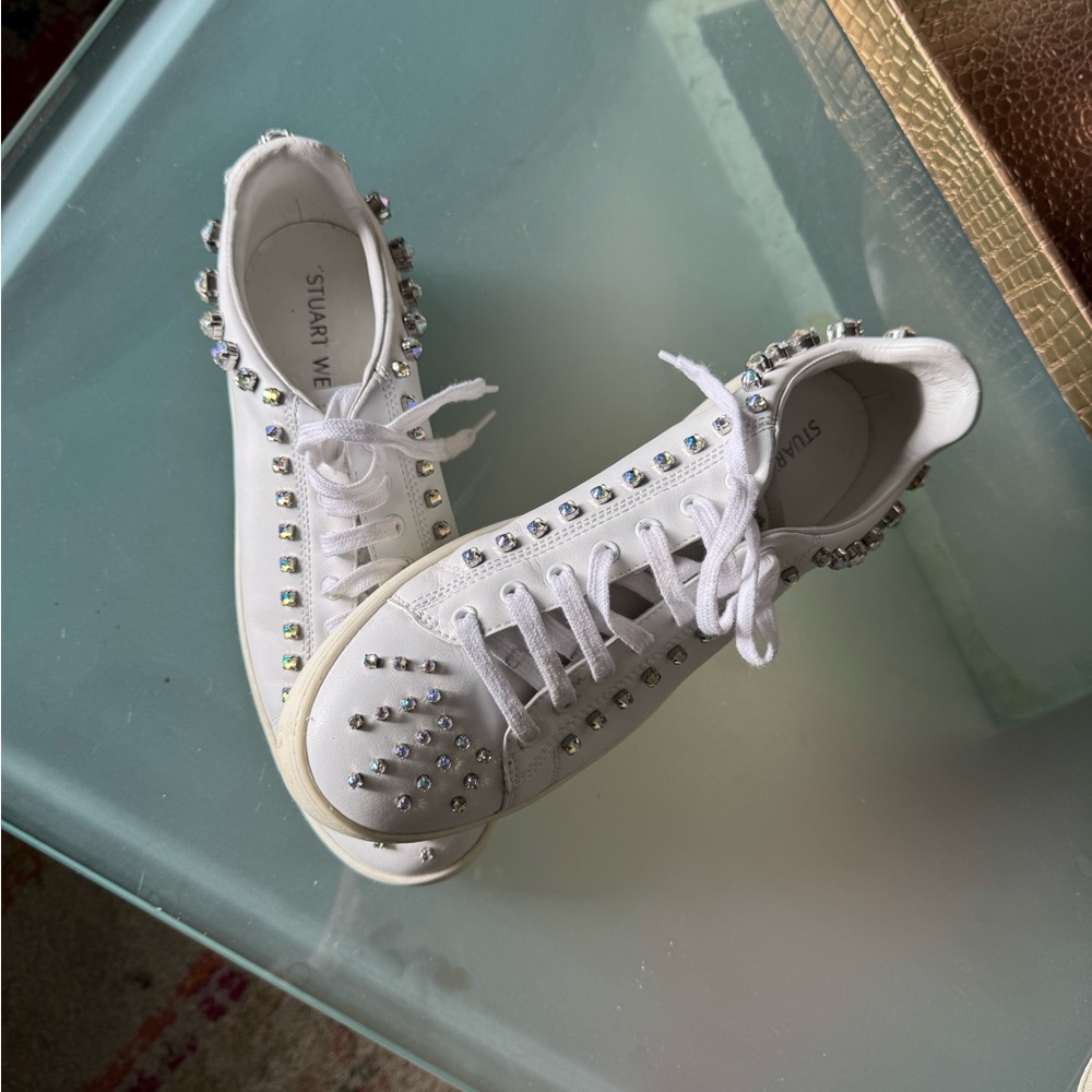 Stuart Weitzman White Crystal-Studded Leather Sneakers
